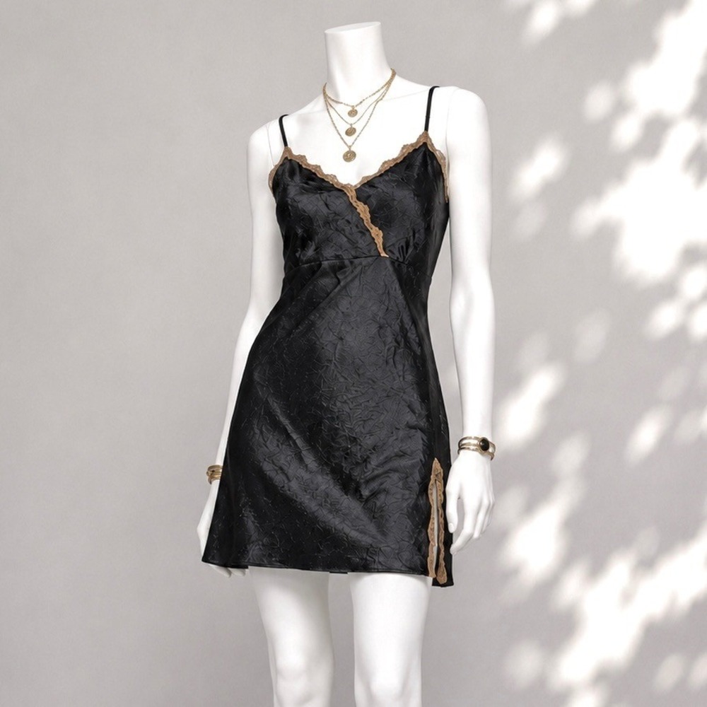Vintage Y2K Whimsigoth Black Slip Dress L Dark Romantic SatinChemise Kathryn